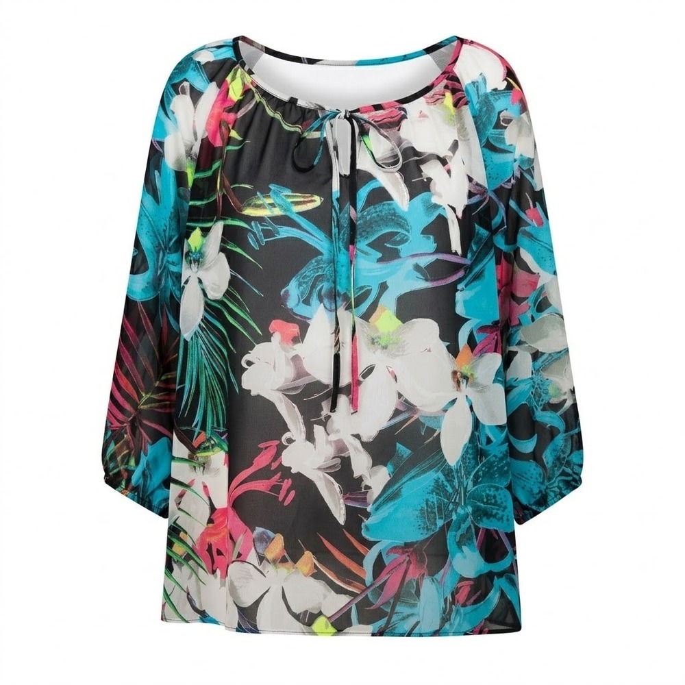 a.n.a A New Approach Womens XL Tropical Floral Chiffon Peasant Blouse Multicolor
